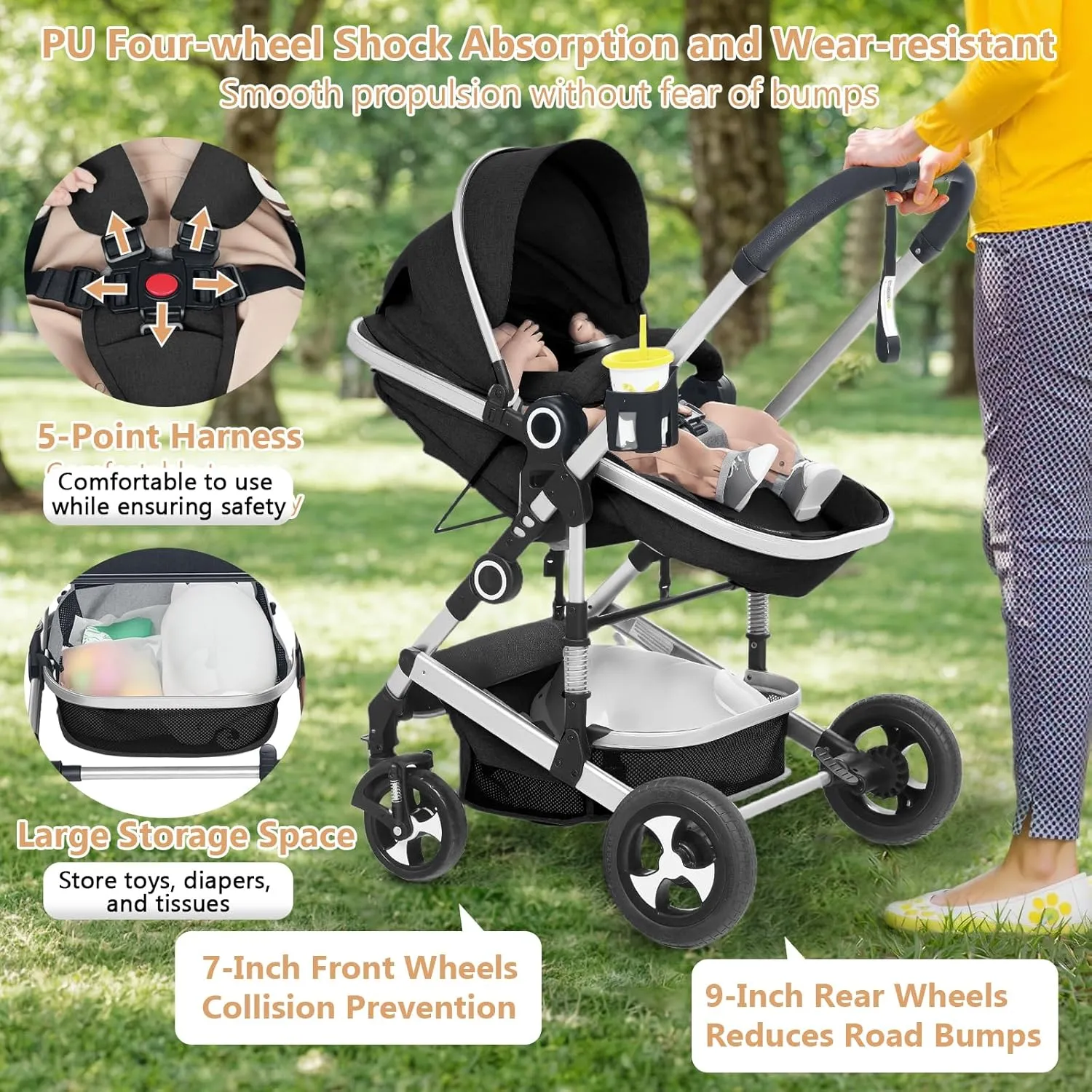 Convertible Baby Stroller, 3 in 1 Folding Infant Stroller, High Landscape Pushchair w/Adjustable Backrest & Canopy, Newborn Bassinet Pram with Foot Cover, Storage Basket, Black