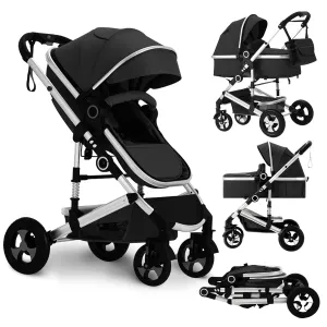 Convertible Baby Stroller, 3 in 1 Folding Infant Stroller, High Landscape Pushchair w/Adjustable Backrest & Canopy, Newborn Bassinet Pram with Foot Cover, Storage Basket, Black