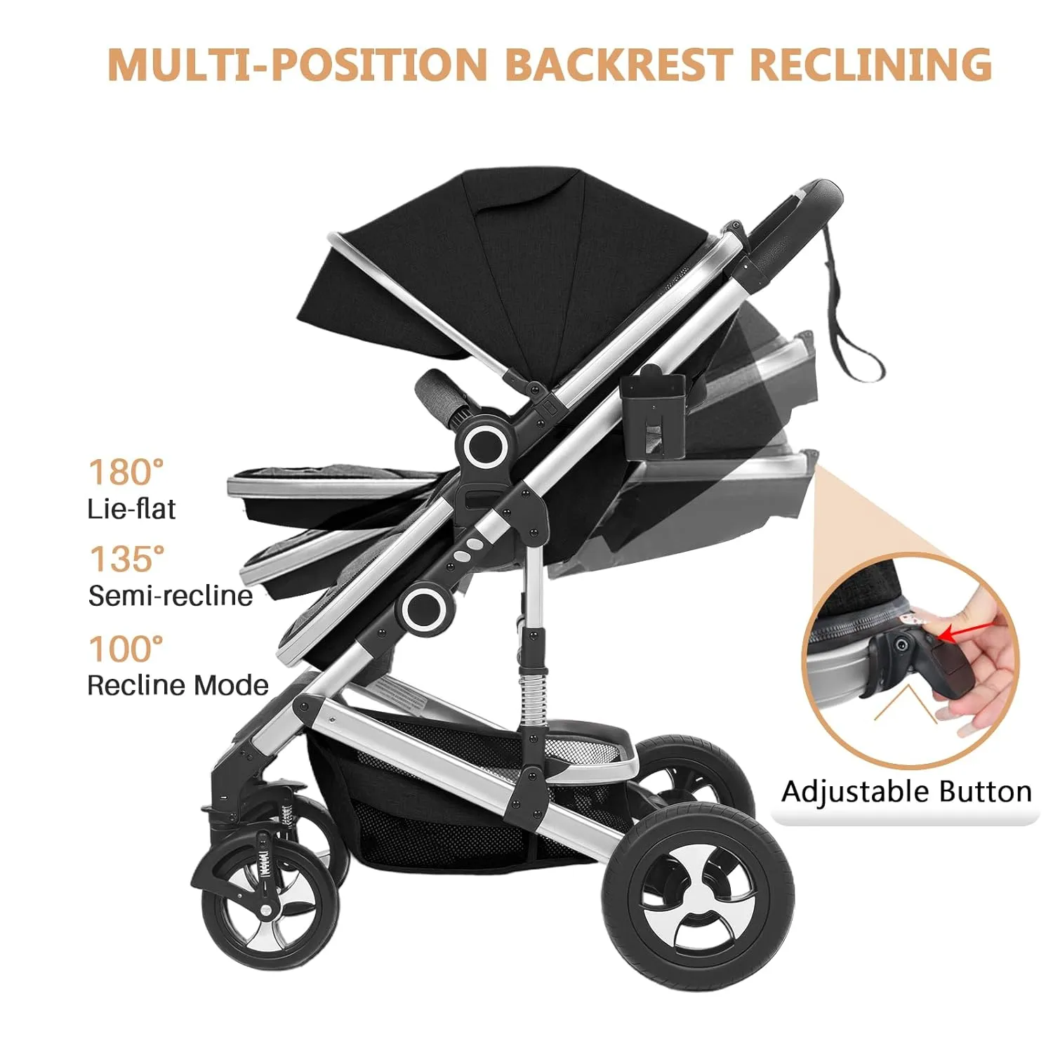 Convertible Baby Stroller, 3 in 1 Folding Infant Stroller, High Landscape Pushchair w/Adjustable Backrest & Canopy, Newborn Bassinet Pram with Foot Cover, Storage Basket, Black