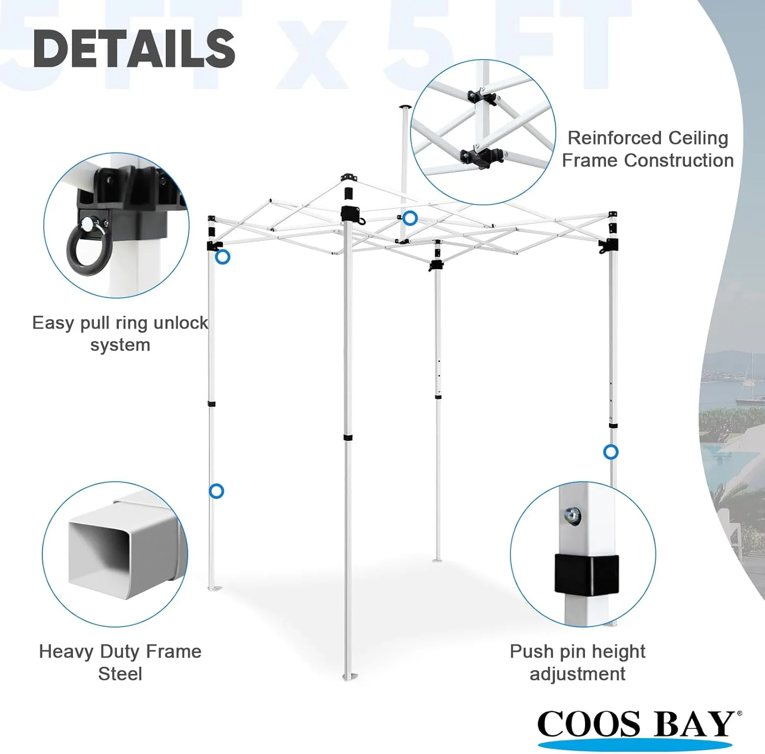 COOS BAY 5x5 Portable Instant Canopy Tent, Pop Up Outdoor Canopy for Beach, Sports and Camping, White