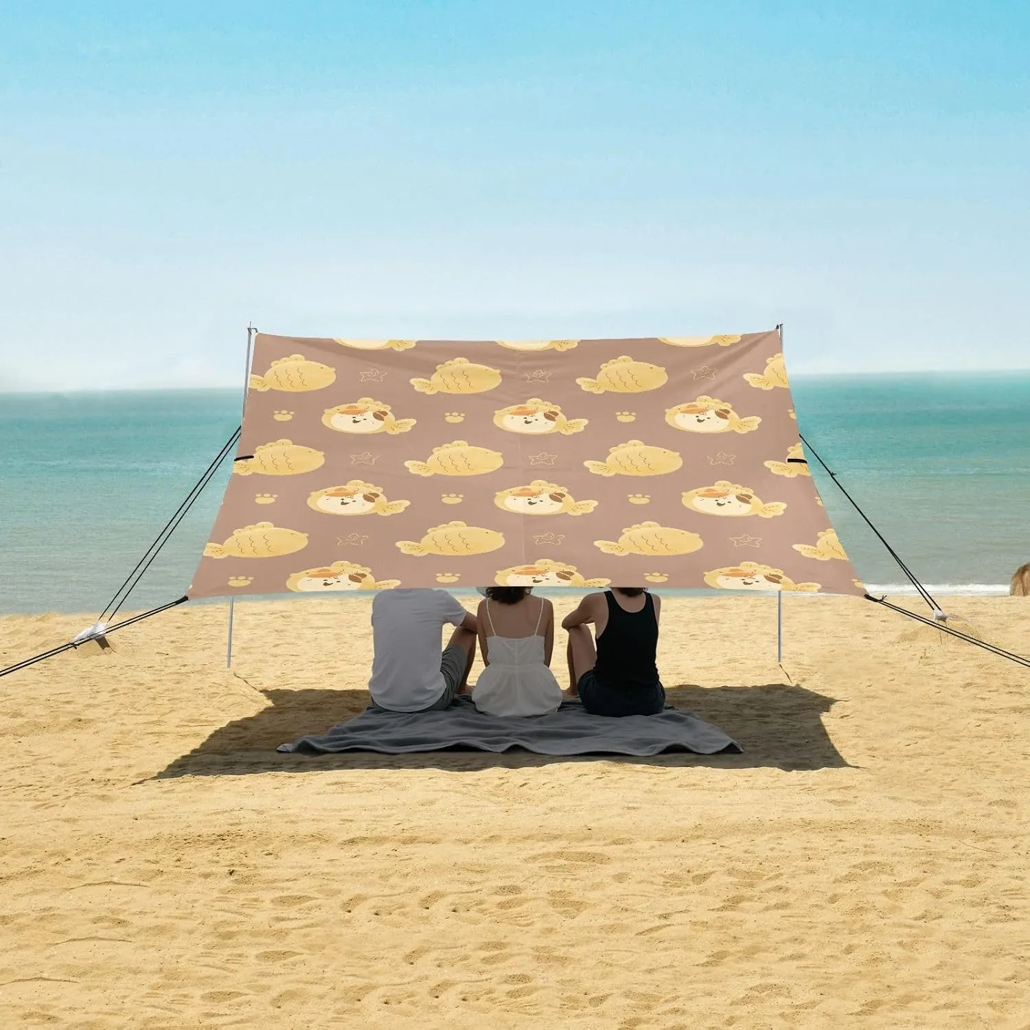 Cute Cat Taiyaki Fish Beach Camping Tent Sun Shelter for Whole Family, Beach Shade Canopy with UPF50  UV Protection,Easy Set Up and Carry,Outdoor Shade for Trips, Fishing, Backyard Fun Picnics