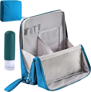 Doresty Makeup Bag, Standing Makeup Bag – Portable, Large Capacity, Vertical Large Opening Waterproof Multifunctional Make up Bags with Compartments, Smart Partitioning, Travel-Friendly (Blue)