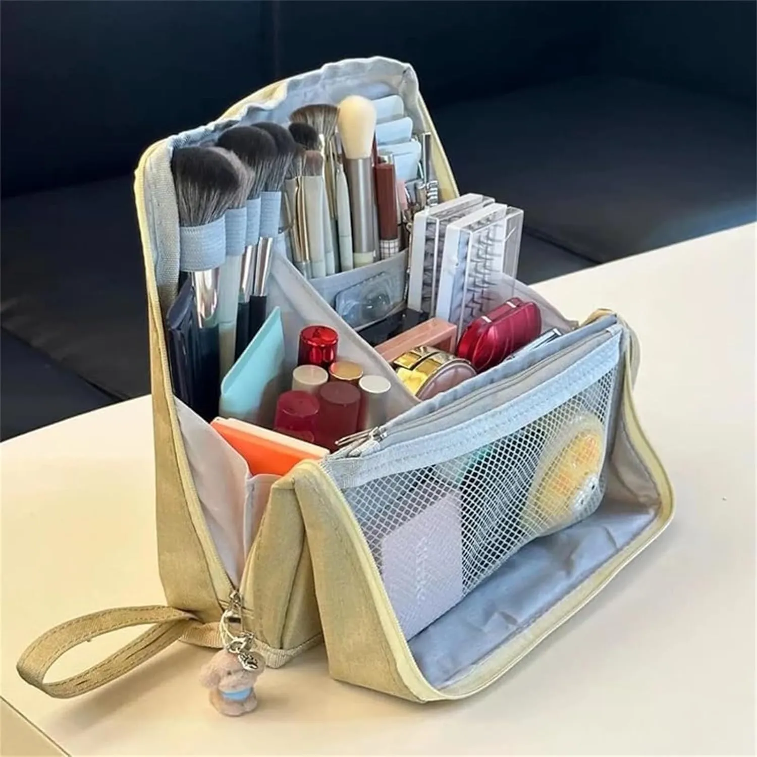 Doresty Makeup Bag, Standing Makeup Bag – Portable, Large Capacity, Vertical Large Opening Waterproof Multifunctional Make up Bags with Compartments, Smart Partitioning, Travel-Friendly (Blue)