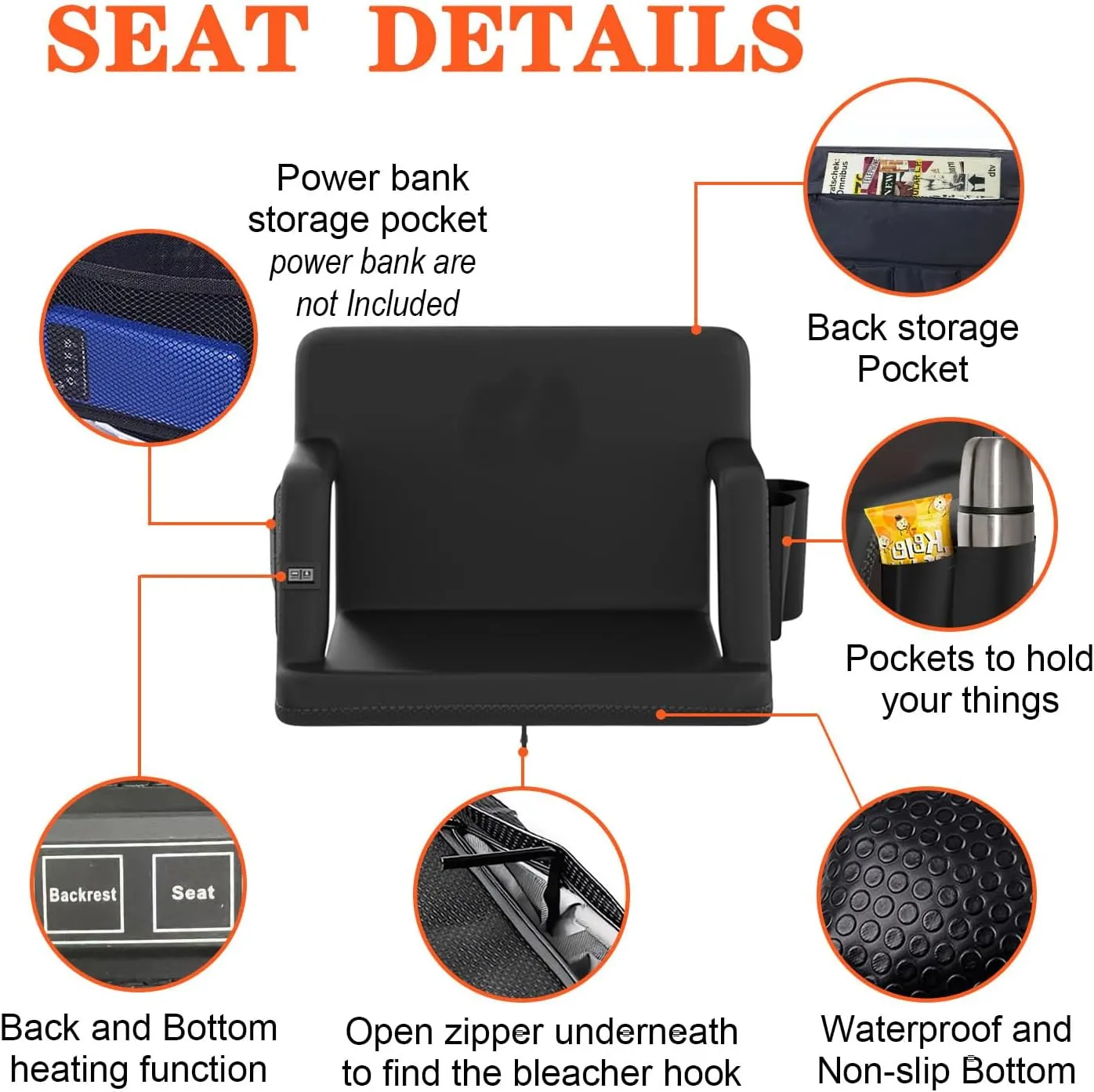 Double Heated Bleacher Seat with Back Support and Wide Cushion, USB 3-Level Heating and with 4 Pockets, Foldable and Portable, Perfect for Sport Events Camping Outdoor Activities