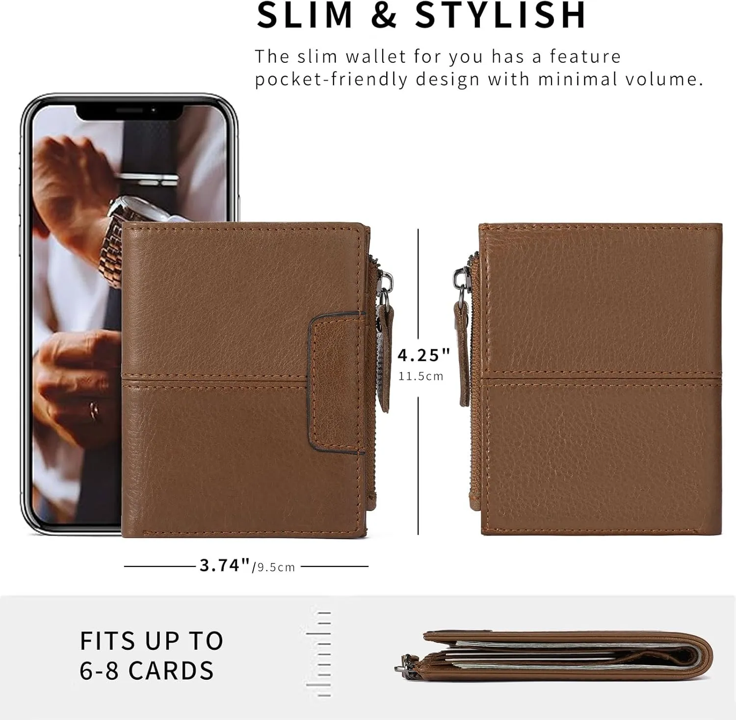 FALAN MULE Genuine Leather Wallet for Men Slim Bifold Rfid Blocking Men Wallet with ID Window Zip Coin Pocket