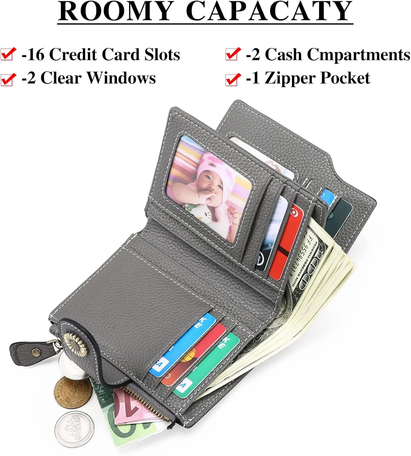 Falan Mule Women's Compact Leather Wallet, Dark Grey, Includes RFID Blocking, Coin Pouch, Card Holders