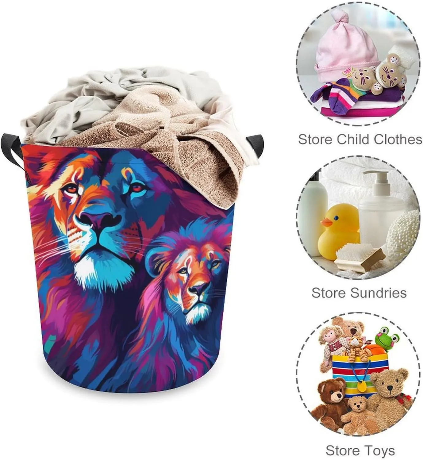 Ferocious Animal Laundry Basket, Wild Animals Collapsible Laundry Hamper, Waterproof Oxford Cloth Laundry Bag with Handles, Carnivore Clothes Toy Organizer Basket for Room