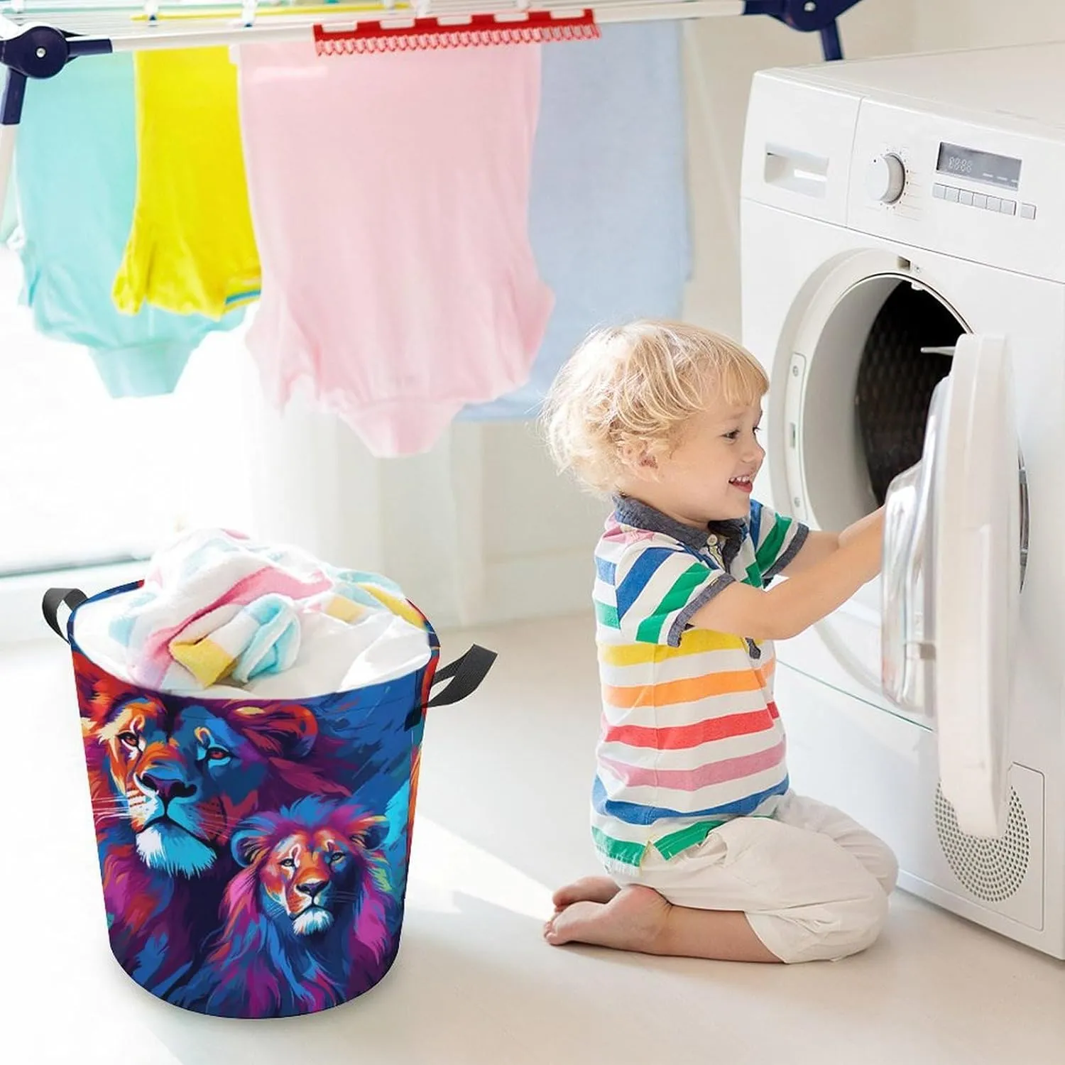Ferocious Animal Laundry Basket, Wild Animals Collapsible Laundry Hamper, Waterproof Oxford Cloth Laundry Bag with Handles, Carnivore Clothes Toy Organizer Basket for Room