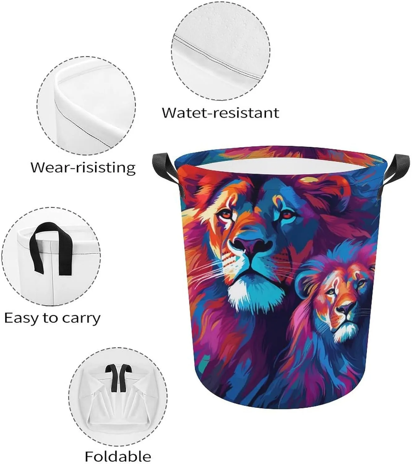 Ferocious Animal Laundry Basket, Wild Animals Collapsible Laundry Hamper, Waterproof Oxford Cloth Laundry Bag with Handles, Carnivore Clothes Toy Organizer Basket for Room