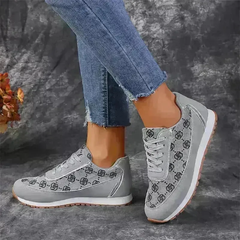 Flower Print Lace-up Sneakers Casual Fashion Lightweight Breathable Walking Running Sports Shoes Women Flats