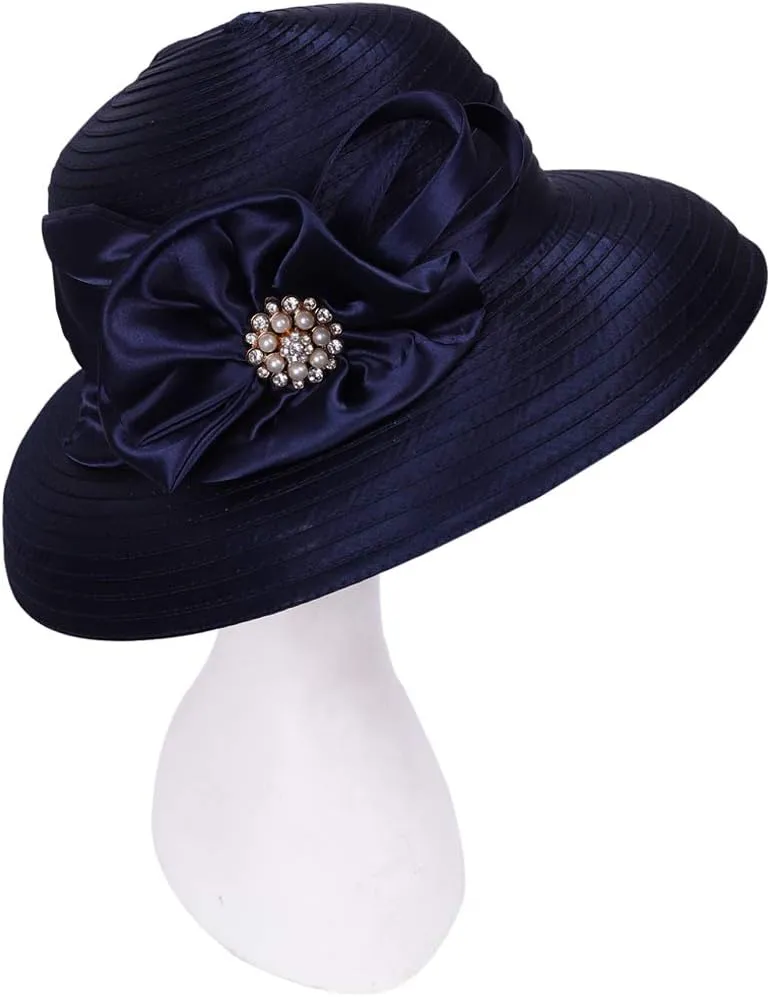 FORBUSITE Church Hats for Women Derby Hats 1950s 20s with Rhinestone Wide Brim
