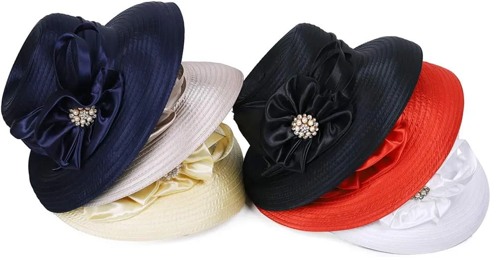 FORBUSITE Church Hats for Women Derby Hats 1950s 20s with Rhinestone Wide Brim