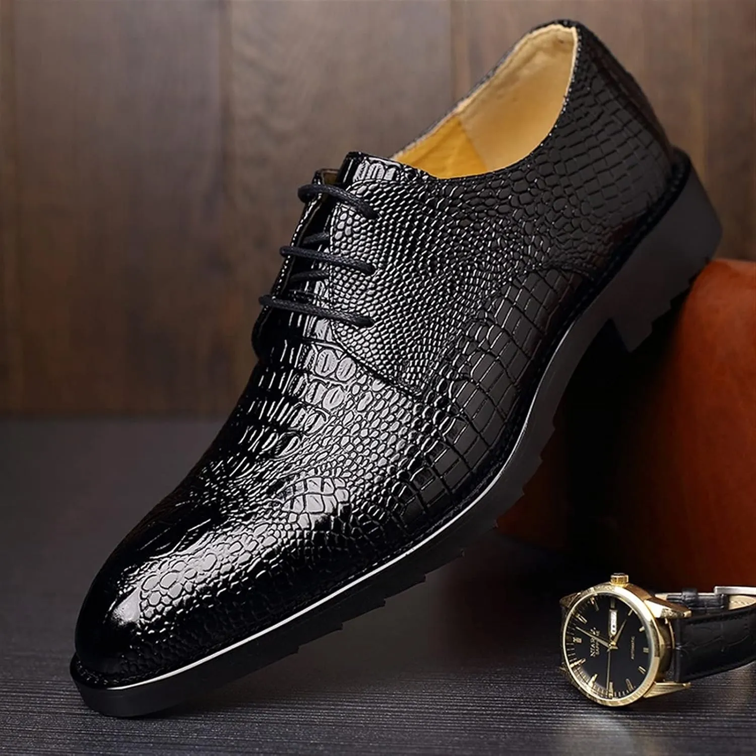 Formal Shoes for Men Lace Up Crocodile Print Derby Shoes Cowhide Rubber Sole Slip Resistant Low Top Non Slip Anti-Slip Wedding Suitable for Many Occasions.