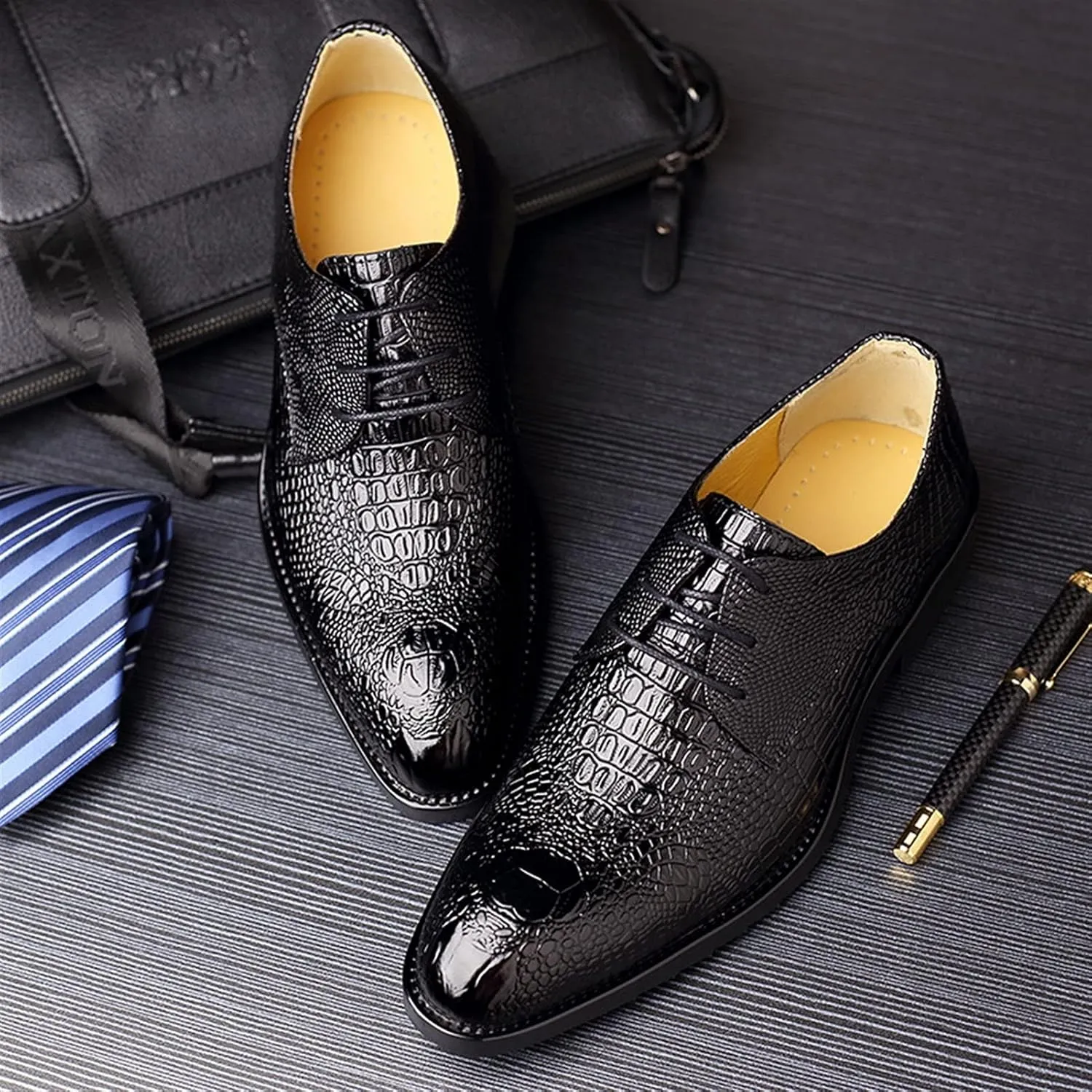 Formal Shoes for Men Lace Up Crocodile Print Derby Shoes Cowhide Rubber Sole Slip Resistant Low Top Non Slip Anti-Slip Wedding Suitable for Many Occasions.