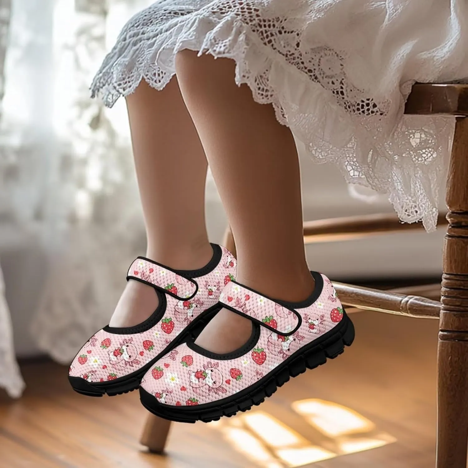 Girls Shoes with Black Sole,Girls Mesh Single Buckle Sneaker,Mary Jane Flats Shoes for Birthday Dance Party
