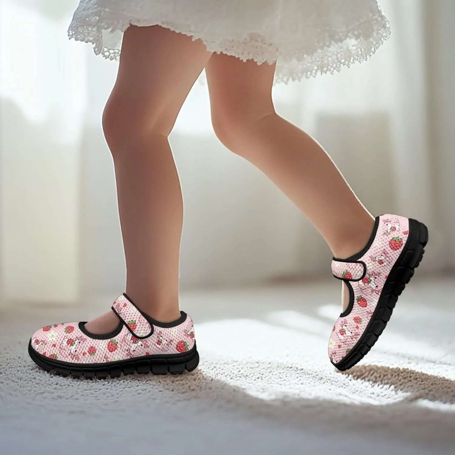 Girls Shoes with Black Sole,Girls Mesh Single Buckle Sneaker,Mary Jane Flats Shoes for Birthday Dance Party