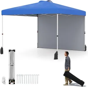 Goplus 10 x 10 Pop Up Canopy with 1 Sidewall, Outdoor Shade Canopy with Wheeled Bag, Vented Top, 4 Sandbags, 8 Stakes, 4 Anchors, 4 Wind Ropes, Easy UP Portable Patio Canopy Tent for Party, Camping