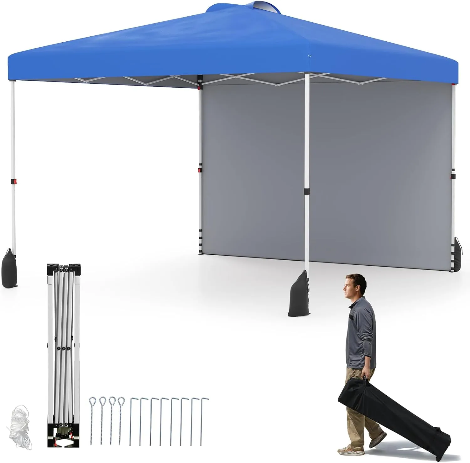 Goplus 10 x 10 Pop Up Canopy with 1 Sidewall, Outdoor Shade Canopy with Wheeled Bag, Vented Top, 4 Sandbags, 8 Stakes, 4 Anchors, 4 Wind Ropes, Easy UP Portable Patio Canopy Tent for Party, Camping