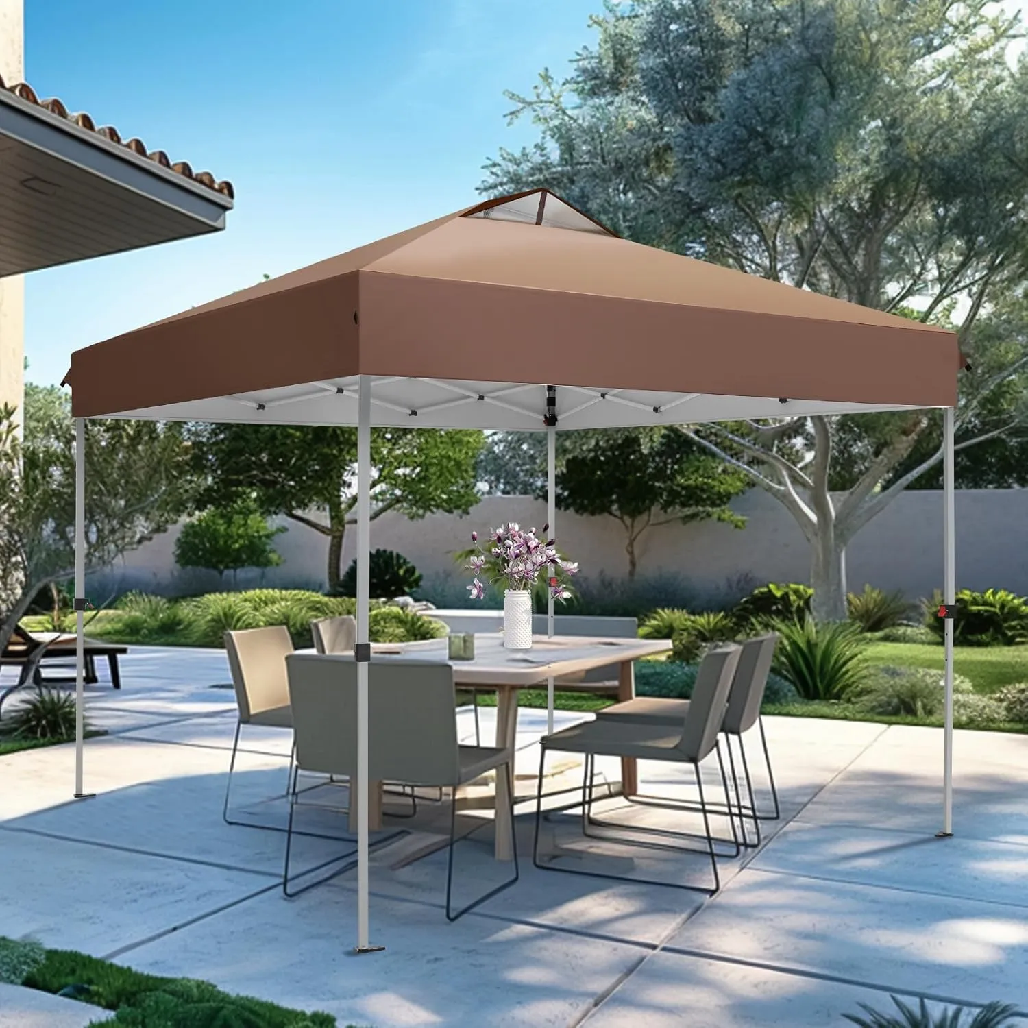 GREEN PARTY 10x10 ft Pop Up Canopy Tent, Easy Up Instant Outdoor Canopy with Vented Top, Straight Legs, Wheeled Carry Bag, 4 Ropes & 8 Stakes, Dark&Light Brown