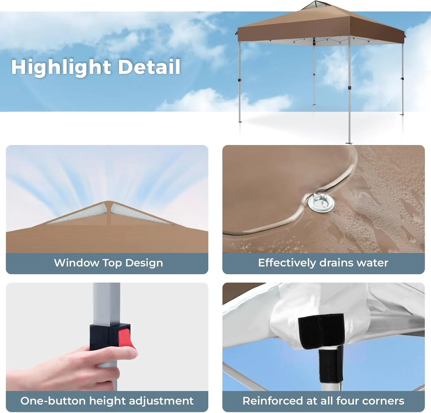 GREEN PARTY 10x10 ft Pop Up Canopy Tent, Easy Up Instant Outdoor Canopy with Vented Top, Straight Legs, Wheeled Carry Bag, 4 Ropes & 8 Stakes, Dark&Light Brown