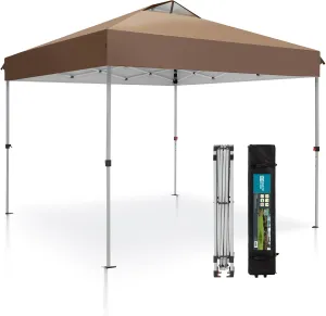 GREEN PARTY 10x10 ft Pop Up Canopy Tent, Easy Up Instant Outdoor Canopy with Vented Top, Straight Legs, Wheeled Carry Bag, 4 Ropes & 8 Stakes, Dark&Light Brown