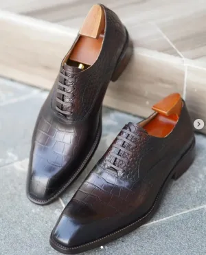 Handmade Brown Calfskin Crocodile Texture Oxford Shoes
