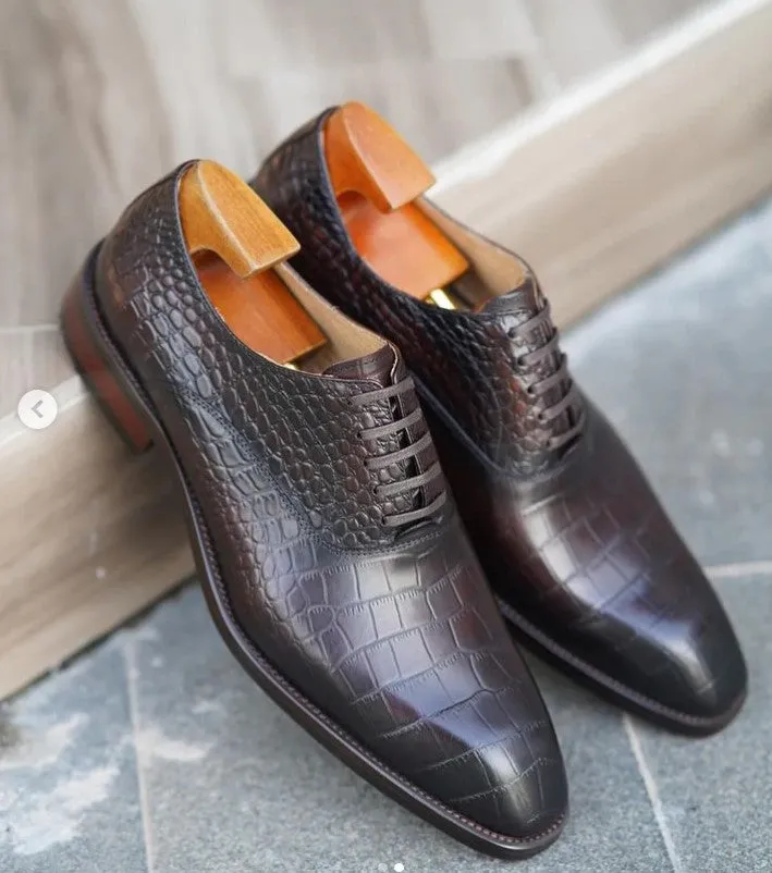 Handmade Brown Calfskin Crocodile Texture Oxford Shoes