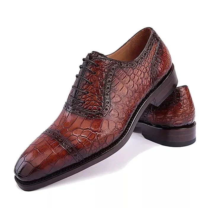 Handmade Men Shaded Brown Crocodile Leather Lace Up Business Shoes For Mens
