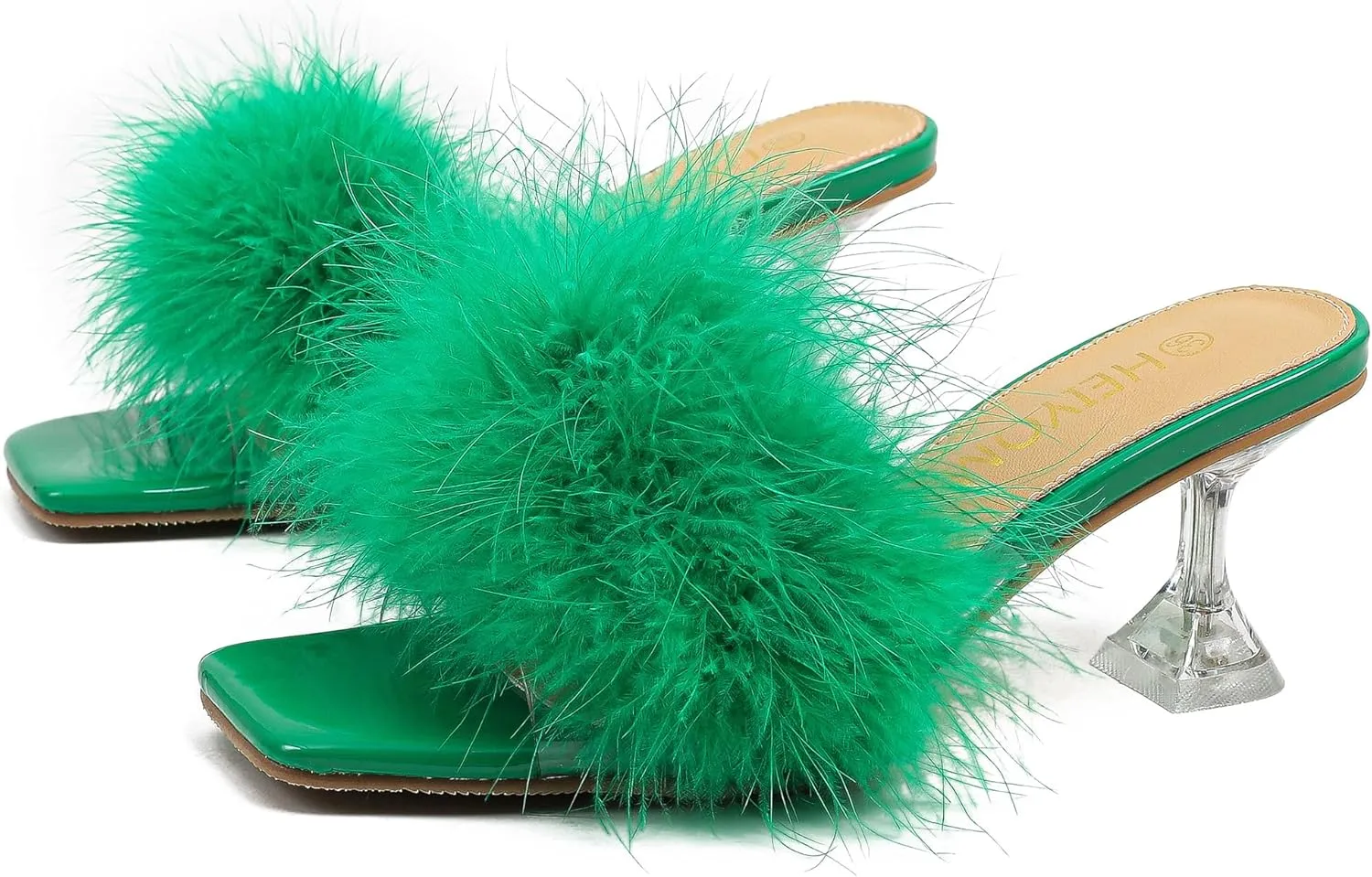 Heiyom Women's Square Toe Low Stilettos Heels Mules Sandals Fluffy Feather Slip on Clear Low Heels Wedding Bridal Party Dress Shoes