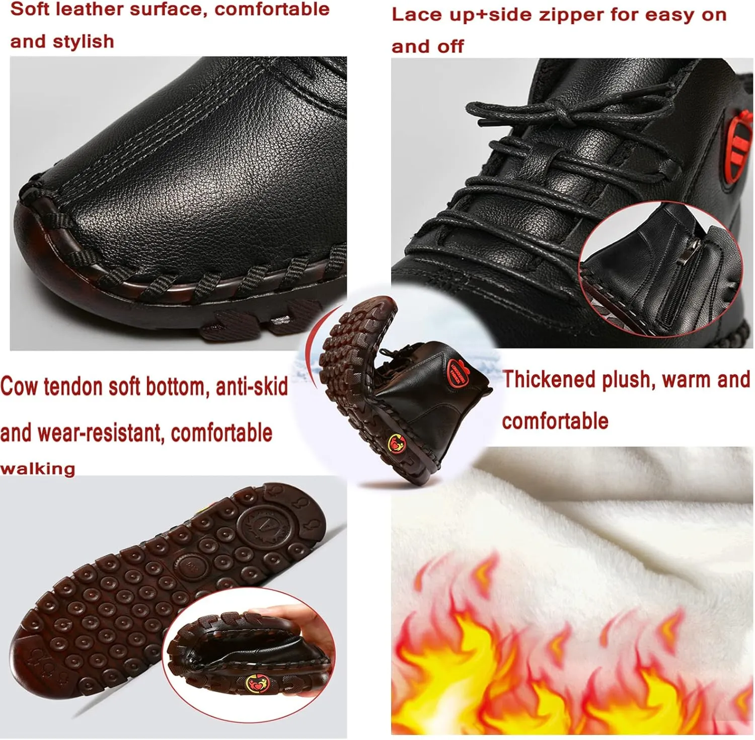 Hopomart Women's Fleece Thickened Warm Ankle Booties,Oxford Sole Non-Slip Waterproof Leather Boots,Winter Fur Lined Snow Boots