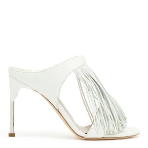 Ivory leather pin heel fringe mules