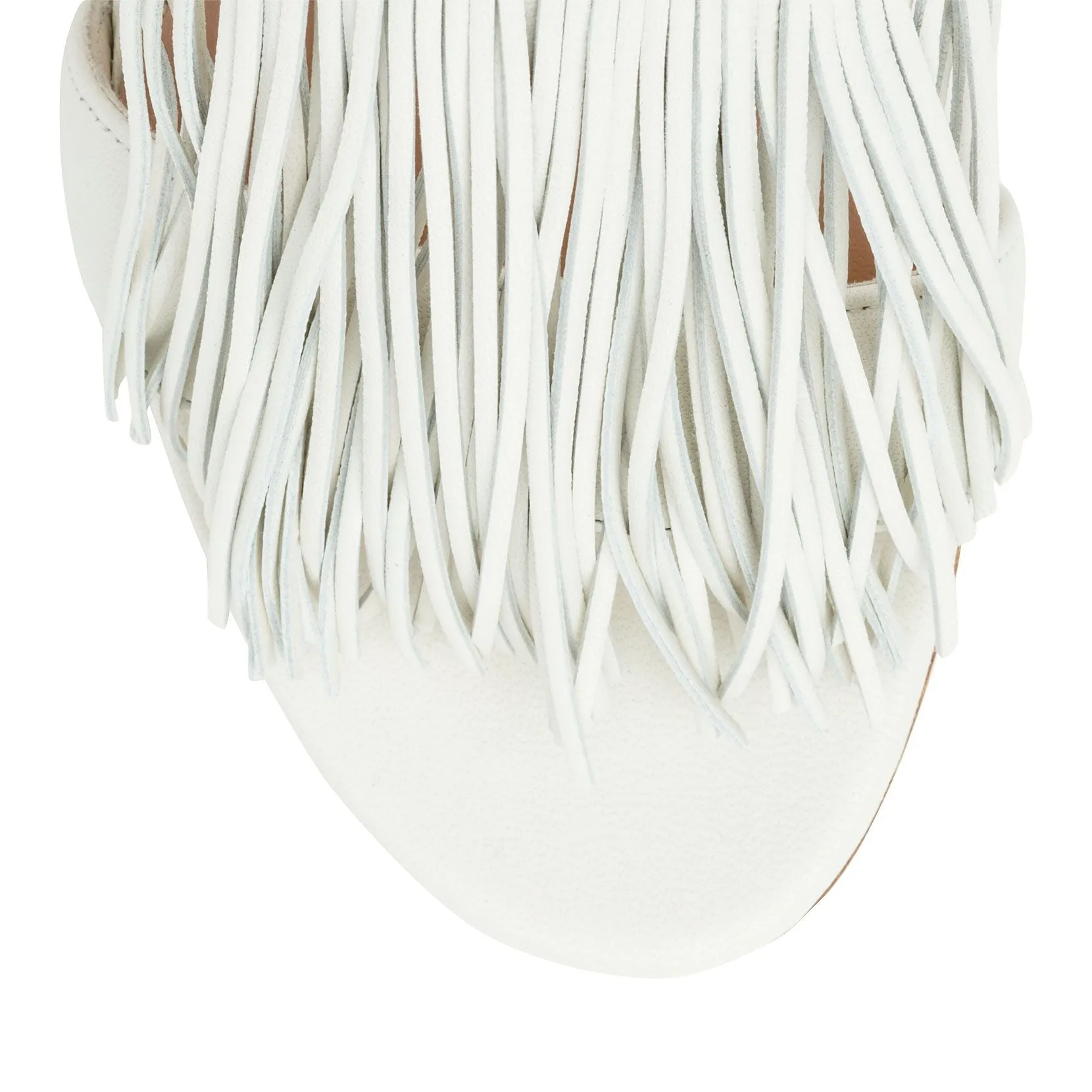 Ivory leather pin heel fringe mules