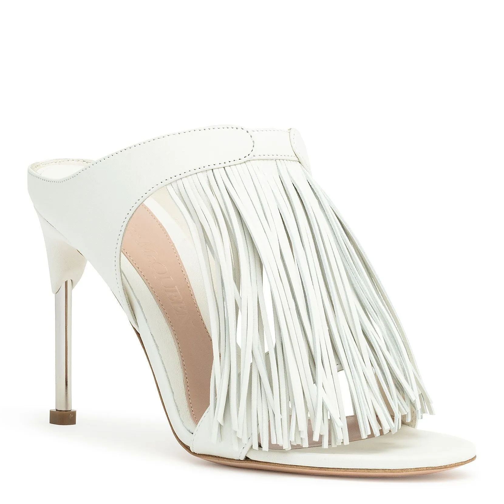 Ivory leather pin heel fringe mules