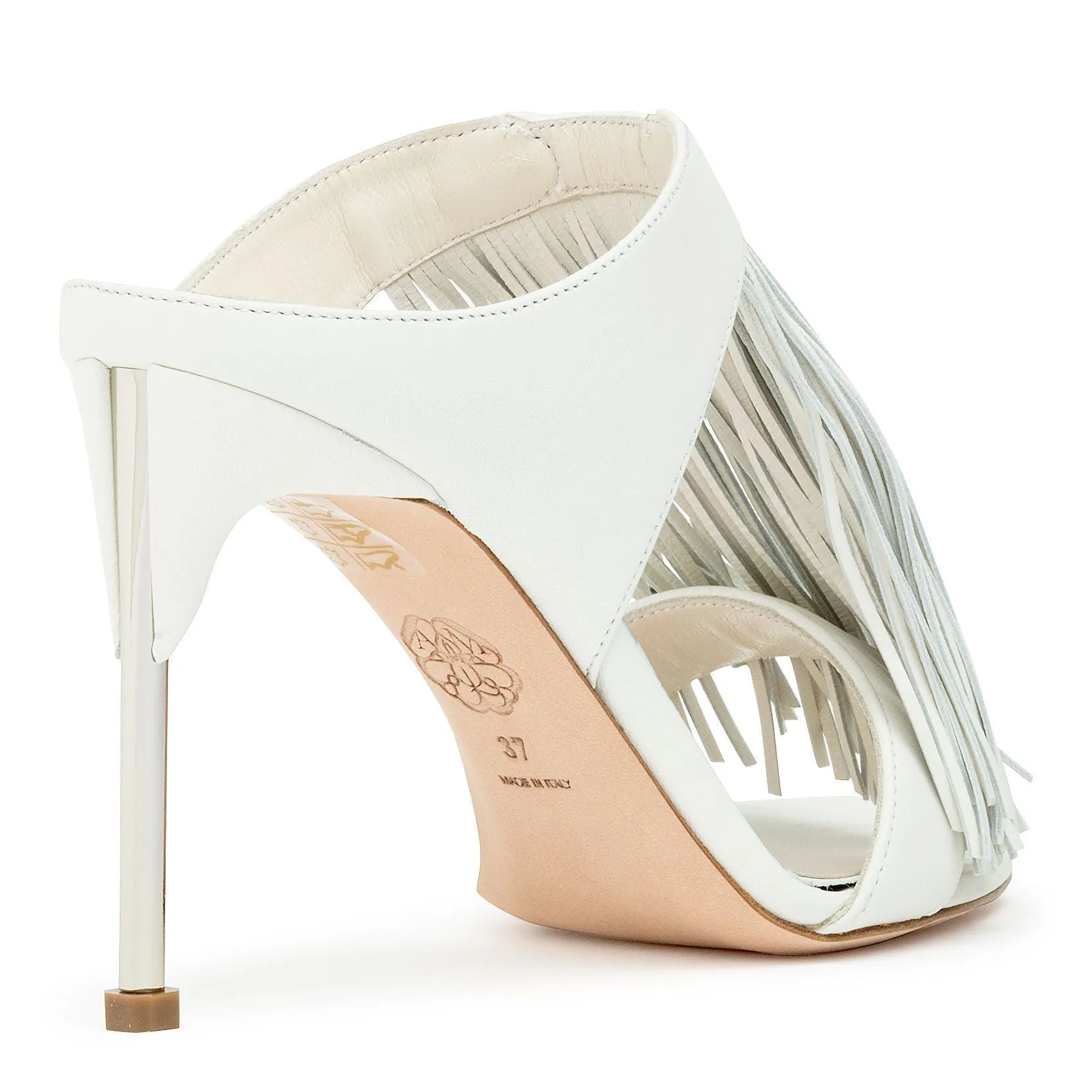 Ivory leather pin heel fringe mules