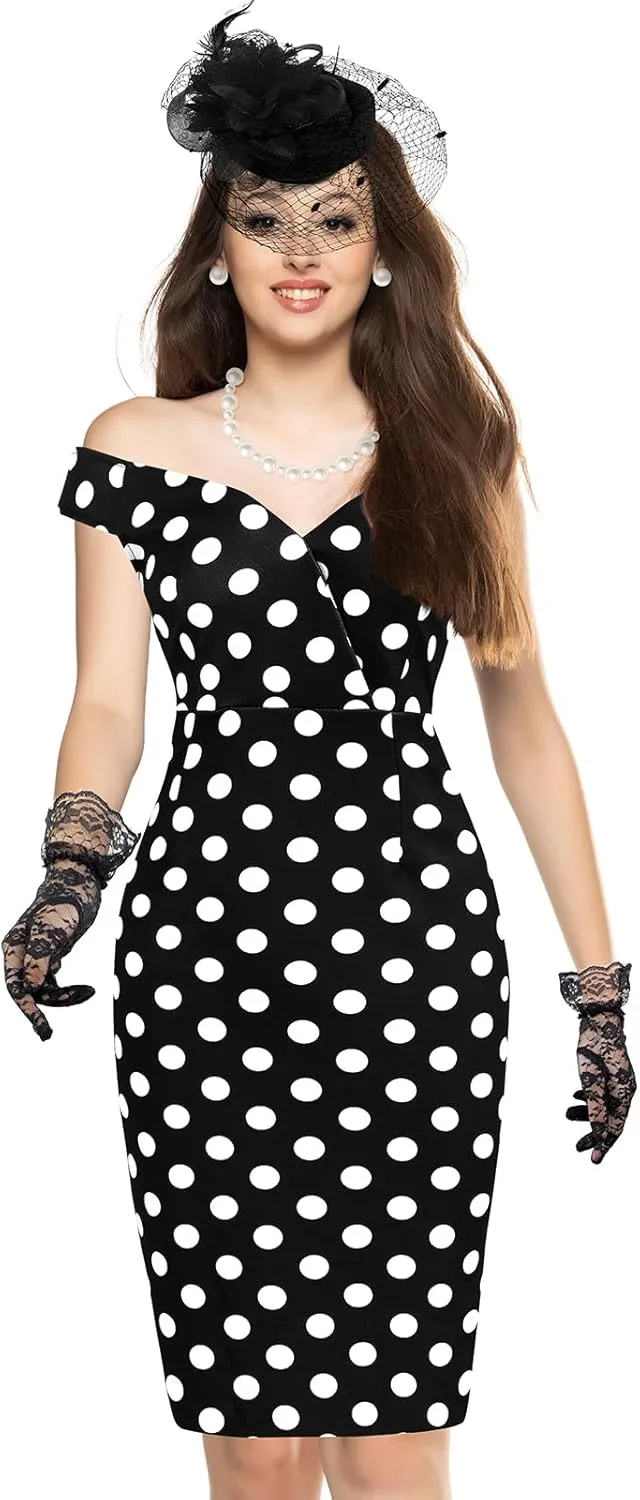 JenPen 5 Pcs Women's Vintage Polka Dot Dress Retro Pencil Dress Floral Spring Costume for Derby Tea Party Cocktail