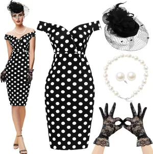 JenPen 5 Pcs Women's Vintage Polka Dot Dress Retro Pencil Dress Floral Spring Costume for Derby Tea Party Cocktail