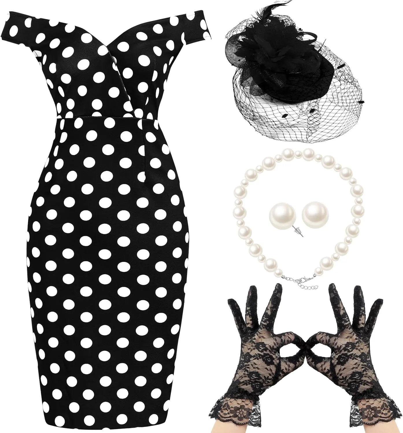 JenPen 5 Pcs Women's Vintage Polka Dot Dress Retro Pencil Dress Floral Spring Costume for Derby Tea Party Cocktail