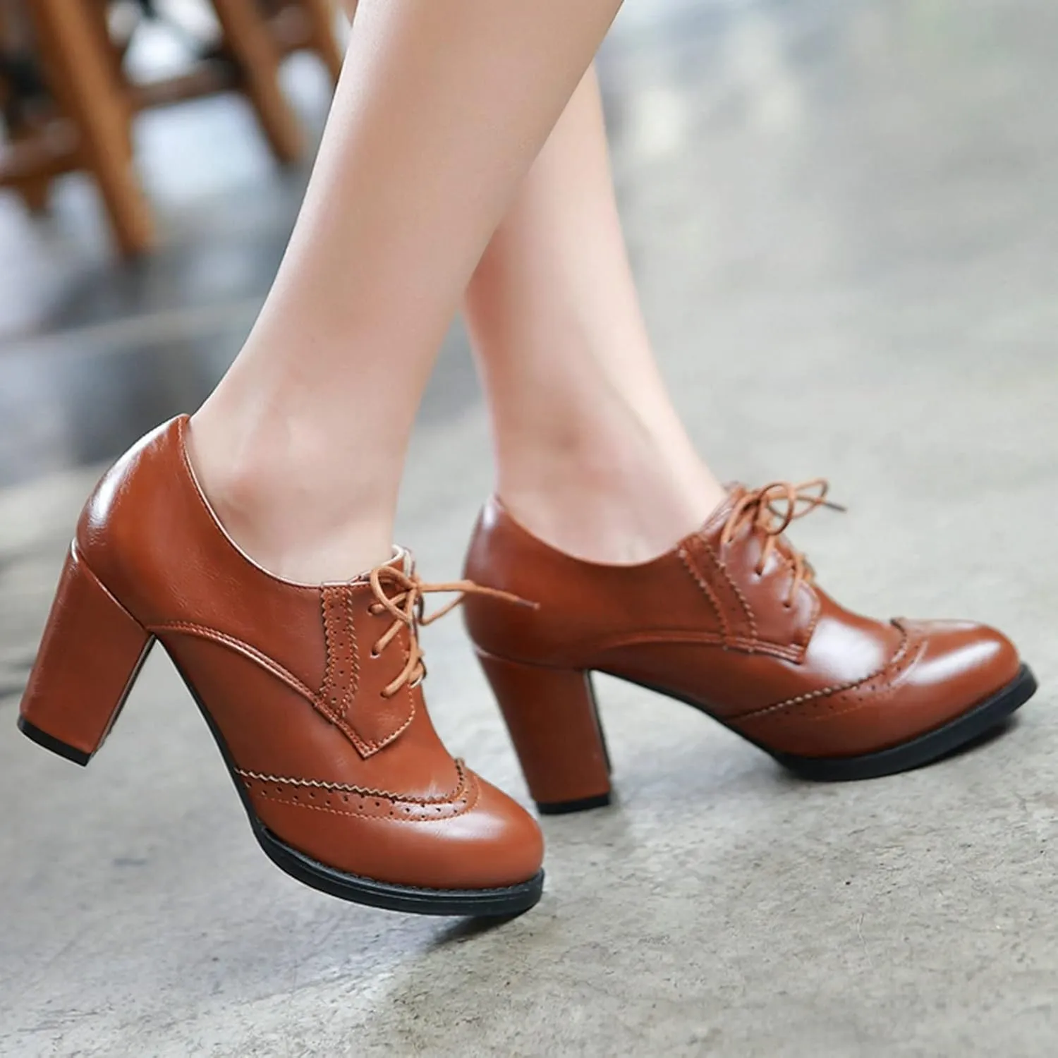 KysBloes Women's Wingtip Oxford Lace Up Shoes Chunky Block Heel Vintage Brogues Classic Closed Toe Saddle Shoes Gift Booties