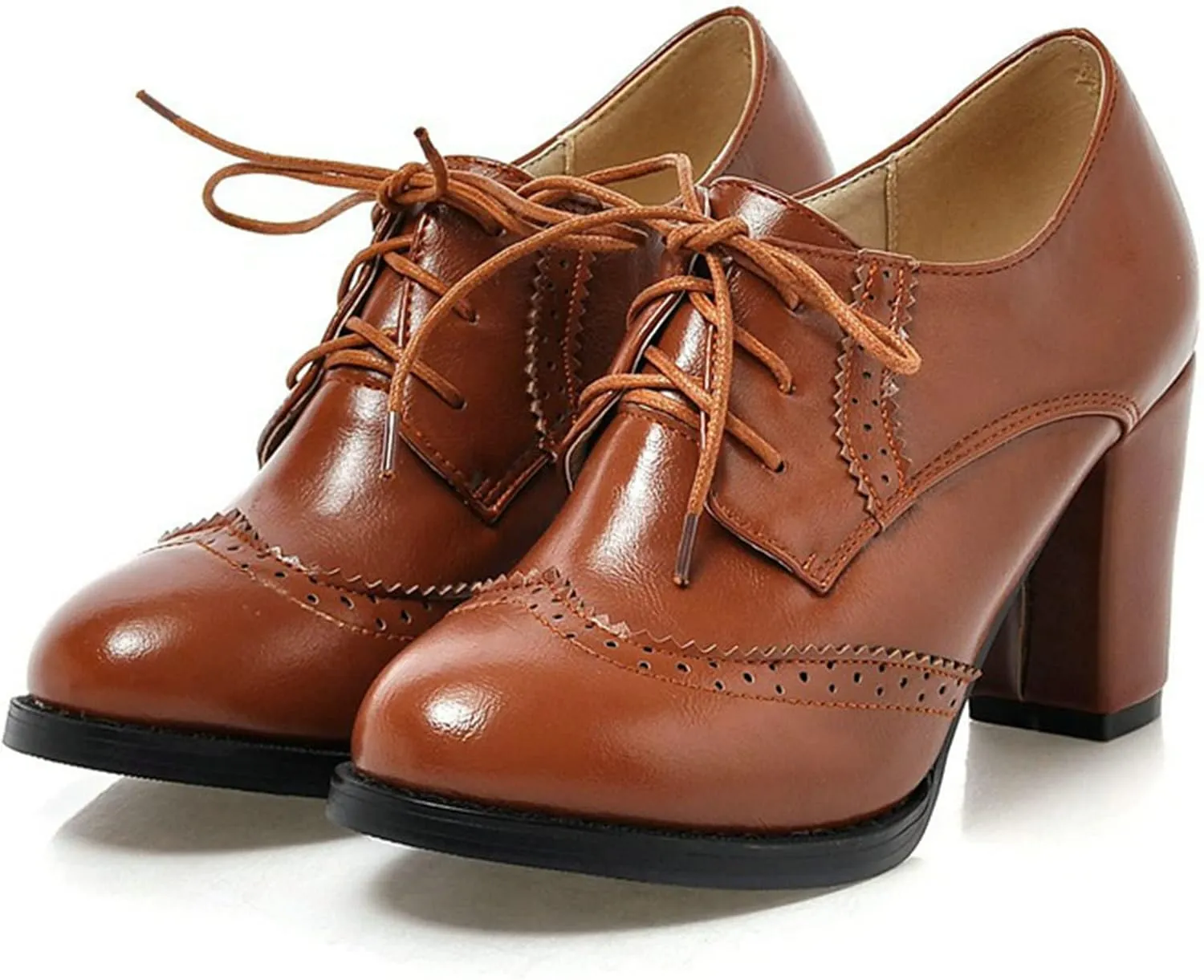 KysBloes Women's Wingtip Oxford Lace Up Shoes Chunky Block Heel Vintage Brogues Classic Closed Toe Saddle Shoes Gift Booties