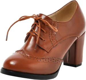 KysBloes Women's Wingtip Oxford Lace Up Shoes Chunky Block Heel Vintage Brogues Classic Closed Toe Saddle Shoes Gift Booties