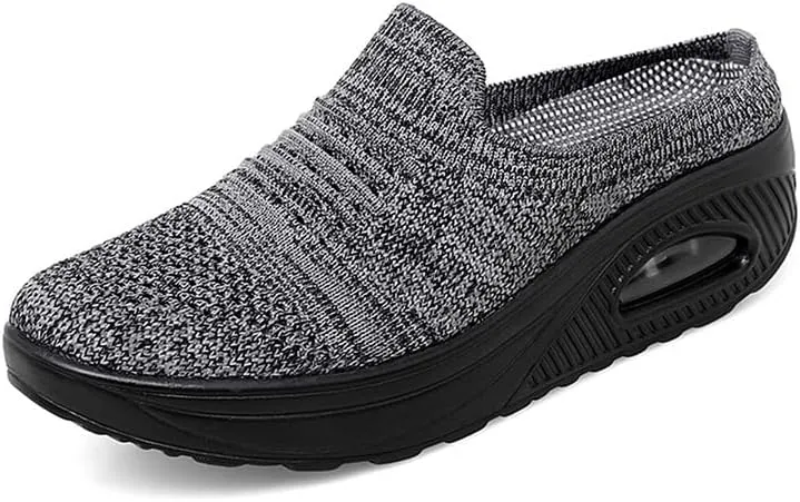 LLTMALL Women's Mules Clogs Air Cushion Breathable Platform Mesh Non Slip Shoes Knit Open Back Sneakers