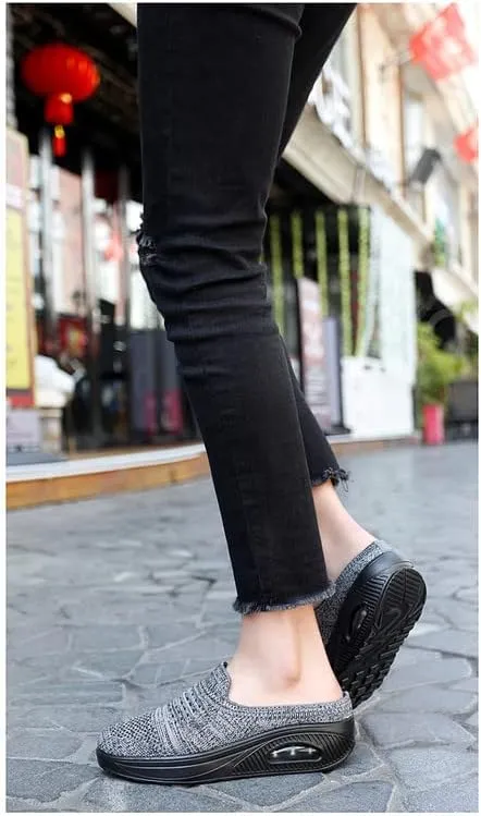 LLTMALL Women's Mules Clogs Air Cushion Breathable Platform Mesh Non Slip Shoes Knit Open Back Sneakers