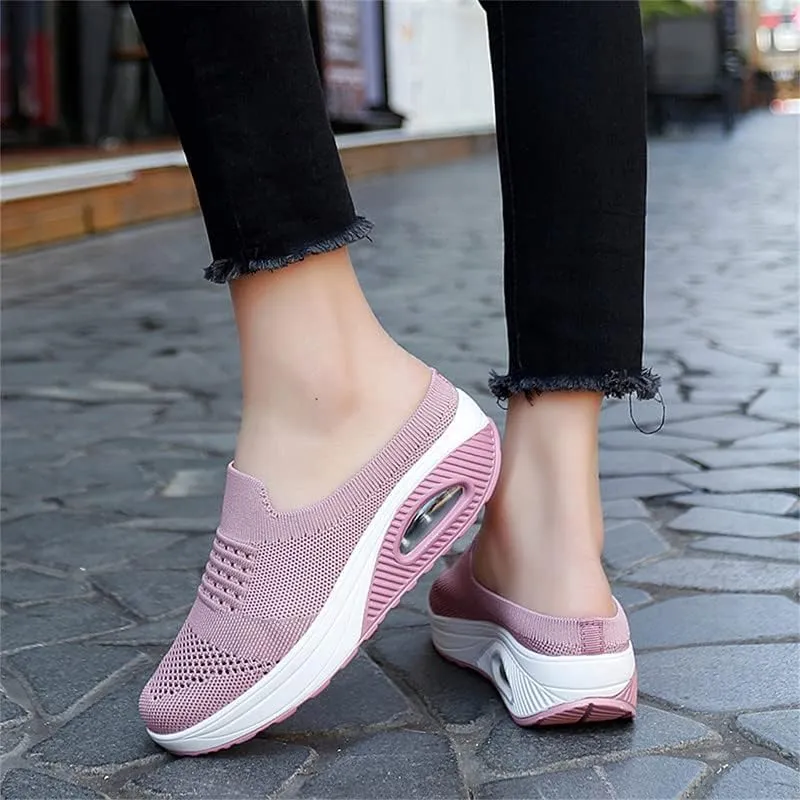 LLTMALL Women's Mules Clogs Air Cushion Breathable Platform Mesh Non Slip Shoes Knit Open Back Sneakers