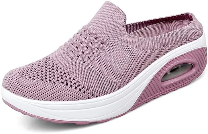 LLTMALL Women's Mules Clogs Air Cushion Breathable Platform Mesh Non Slip Shoes Knit Open Back Sneakers