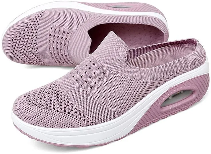 LLTMALL Women's Mules Clogs Air Cushion Breathable Platform Mesh Non Slip Shoes Knit Open Back Sneakers