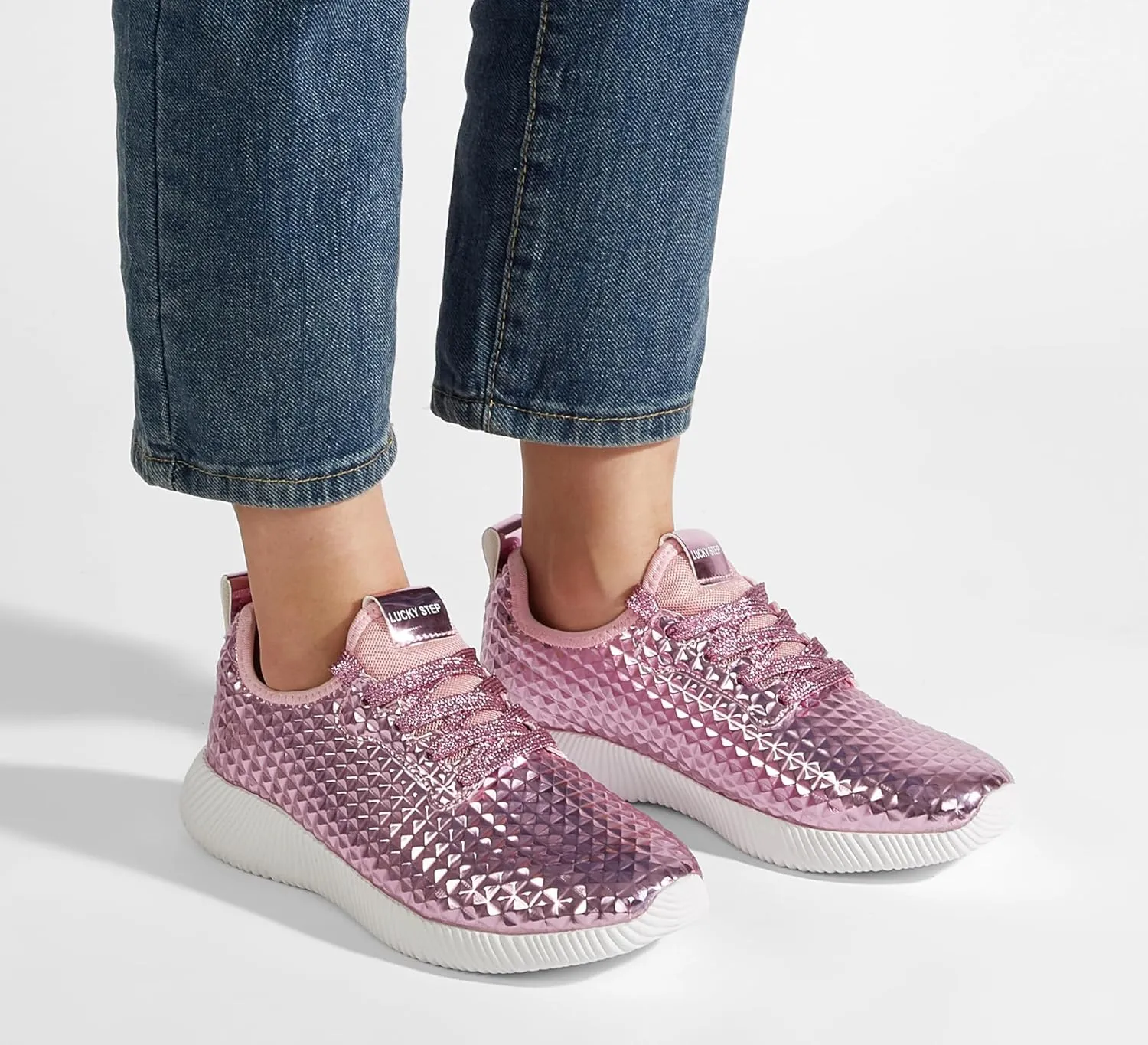 LUCKY STEP Women's Metallic Fashion Sneaker Leatherette Studded Jogger Lightweight Casual Walking Shoes