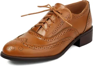 LUXMAX Women Lace Up Oxford Shoes Flats Wingtip Brogues Shoes Low Chunky Heel Vintage Saddle Shoes