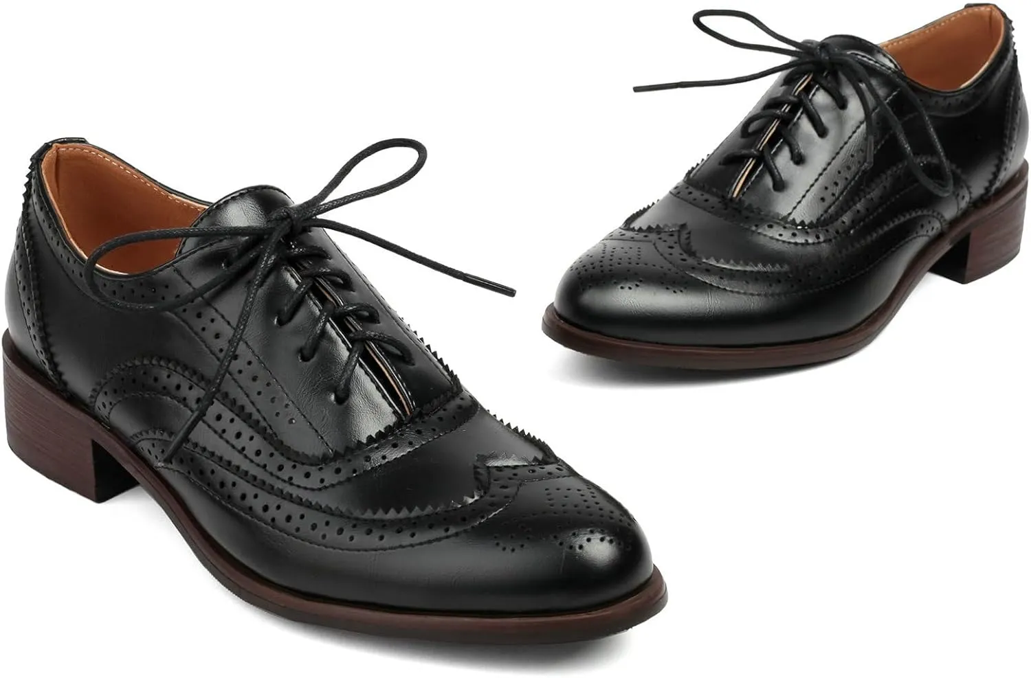 LUXMAX Women Lace Up Oxford Shoes Flats Wingtip Brogues Shoes Low Chunky Heel Vintage Saddle Shoes