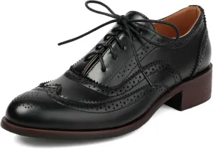LUXMAX Women Lace Up Oxford Shoes Flats Wingtip Brogues Shoes Low Chunky Heel Vintage Saddle Shoes