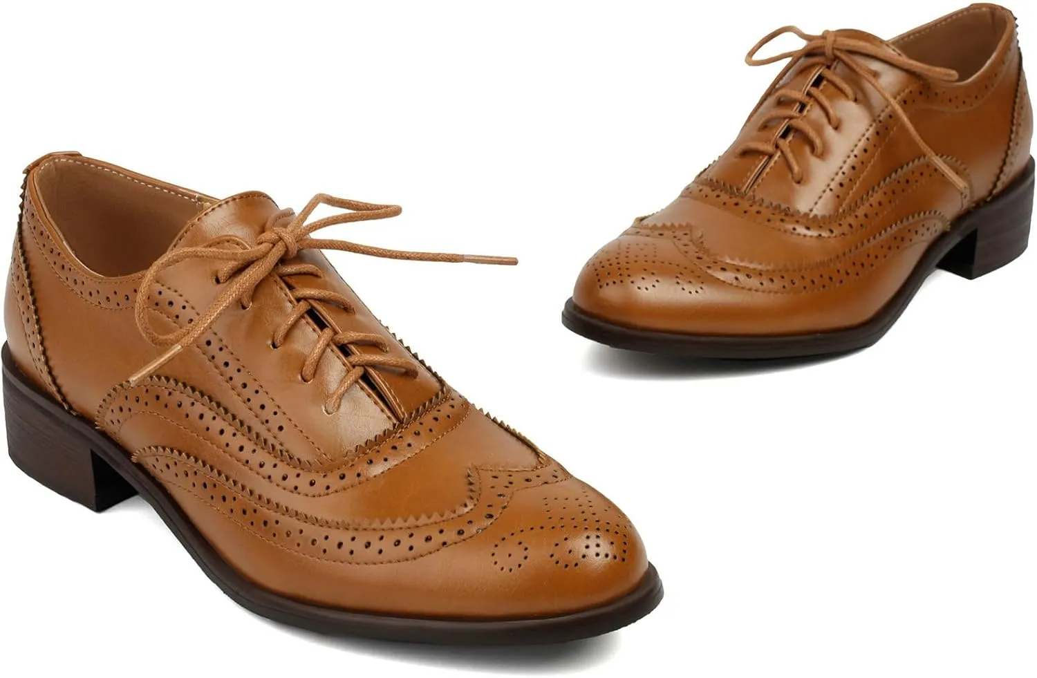 LUXMAX Women Lace Up Oxford Shoes Flats Wingtip Brogues Shoes Low Chunky Heel Vintage Saddle Shoes